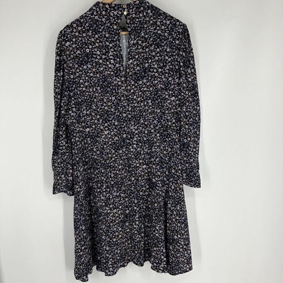 Loft Plus Dress Size 14 Womens Navy Floral Print Mock Neck Flare Puff Sleeve - Picture 5 of 8